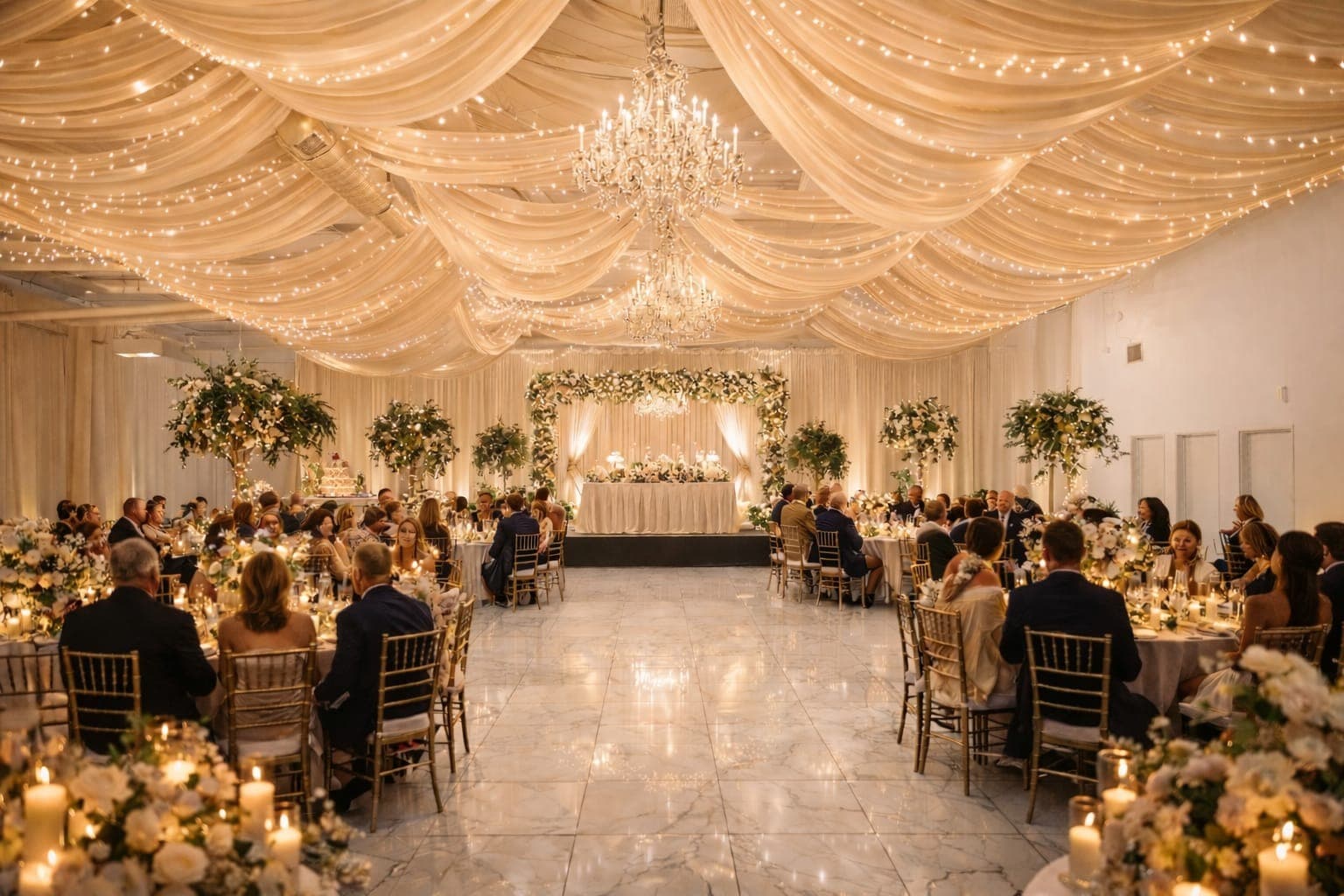A wedding reception under draped ceiling lights